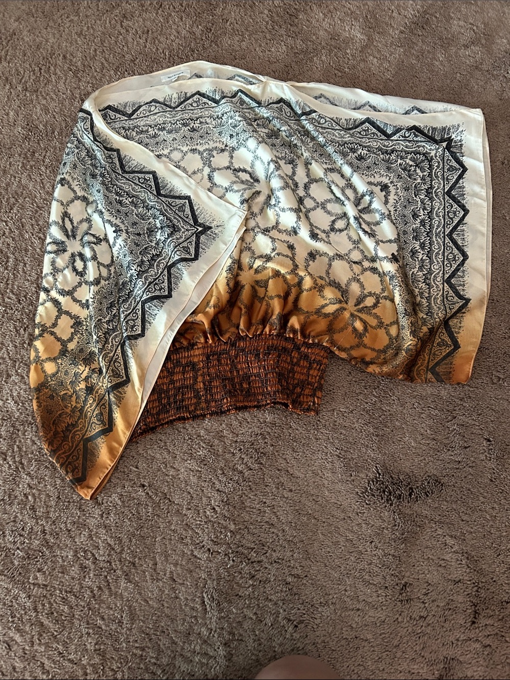 Max Studio Cream and Gold Paisley Border Satin Crop Top